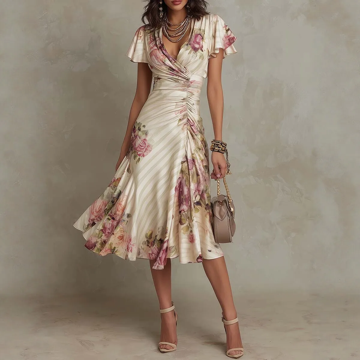 2026 Spring Summer Women's Floral Print V-Neck Ruffle Waist A-Line Dress Evening Gown Party Outfit Clothing