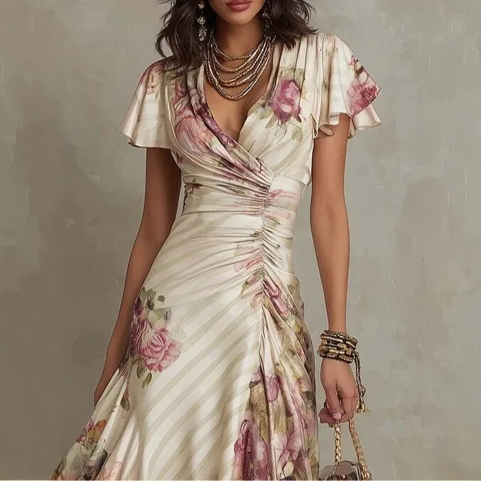 2026 Spring Summer Women's Floral Print V-Neck Ruffle Waist A-Line Dress Evening Gown Party Outfit Clothing thumbnail 3