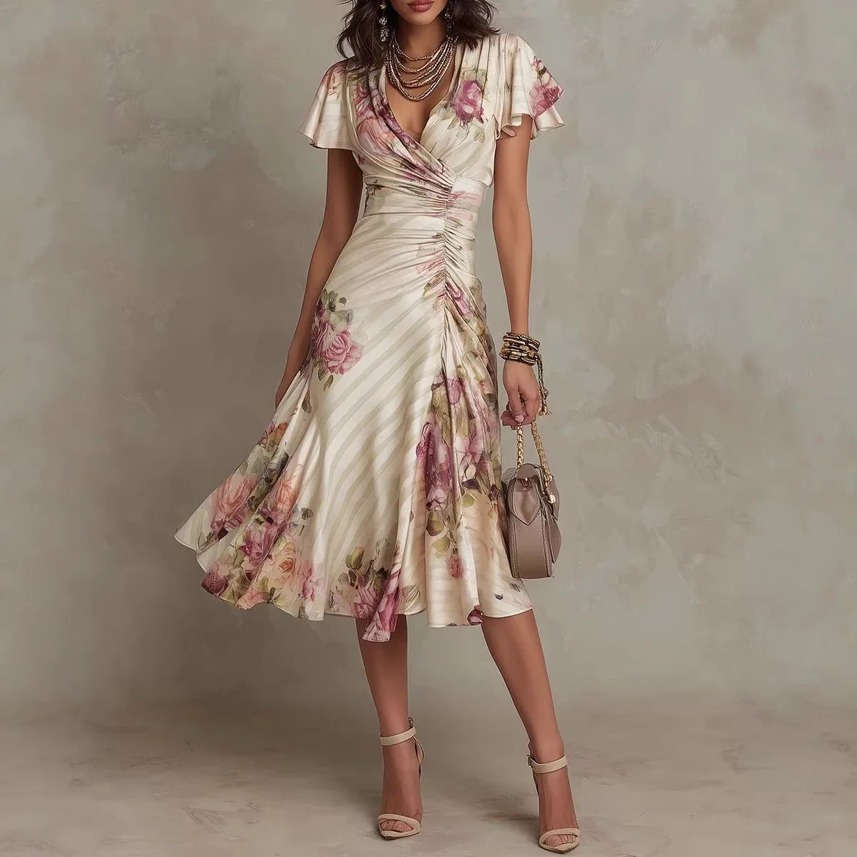 2026 Spring Summer Women's Floral Print V-Neck Ruffle Waist A-Line Dress Evening Gown Party Outfit Clothing thumbnail 5