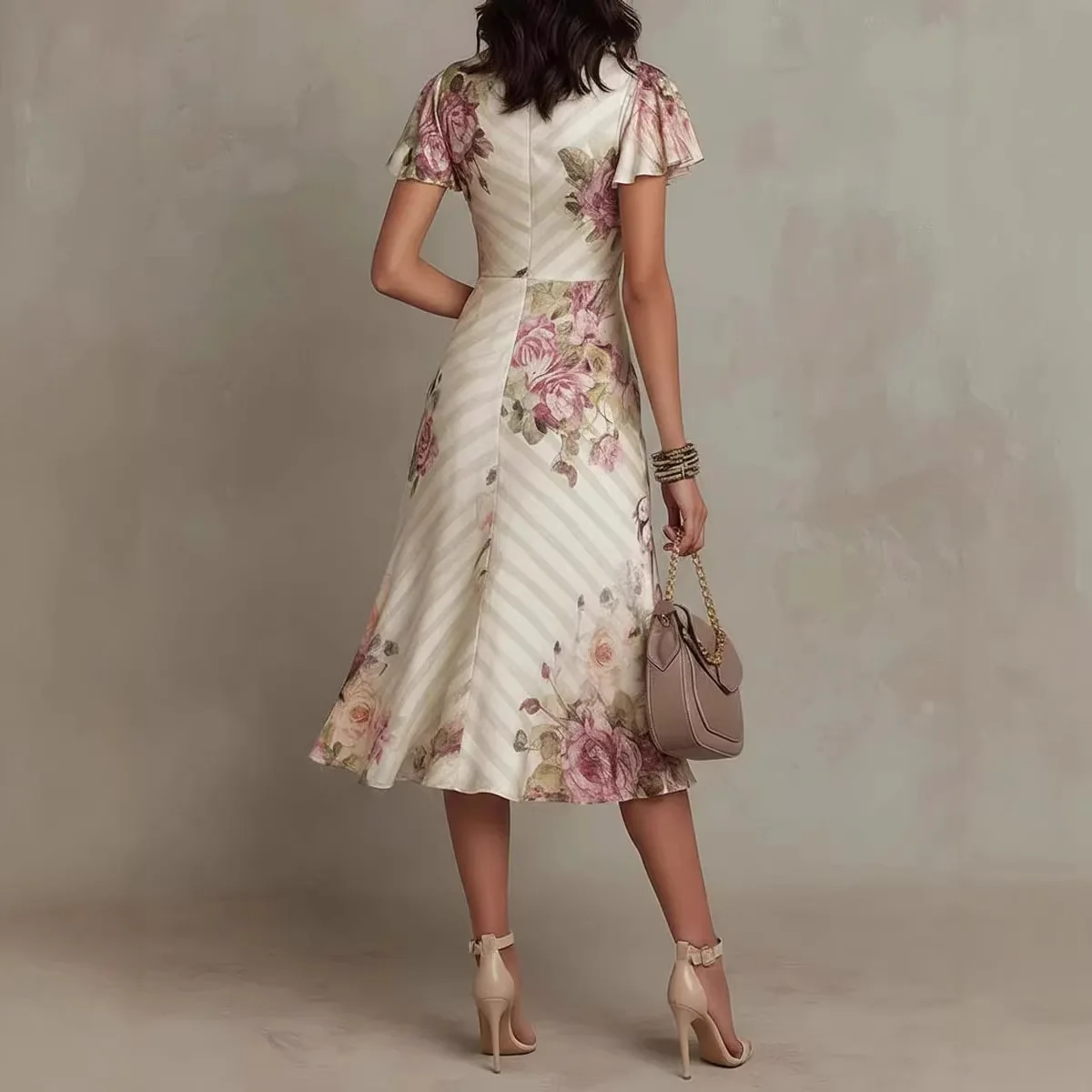 2026 Spring Summer Women's Floral Print V-Neck Ruffle Waist A-Line Dress Evening Gown Party Outfit Clothing thumbnail 4