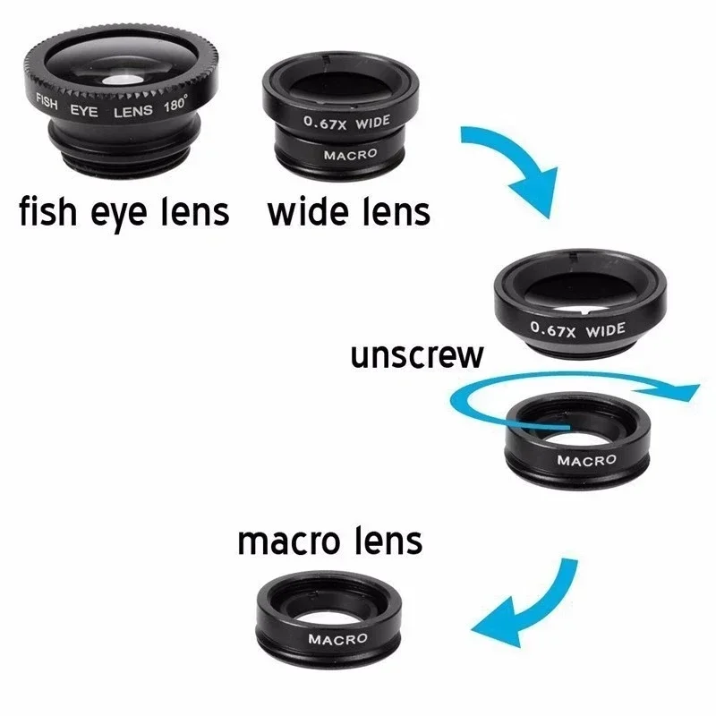 3in1 Fisheye Wide Angle Micro Camera Lens for iPhone Xiaomi Redmi 3in1 Zoom Fish Eye Len on Smartphone Lenses with Phone Clip thumbnail 6