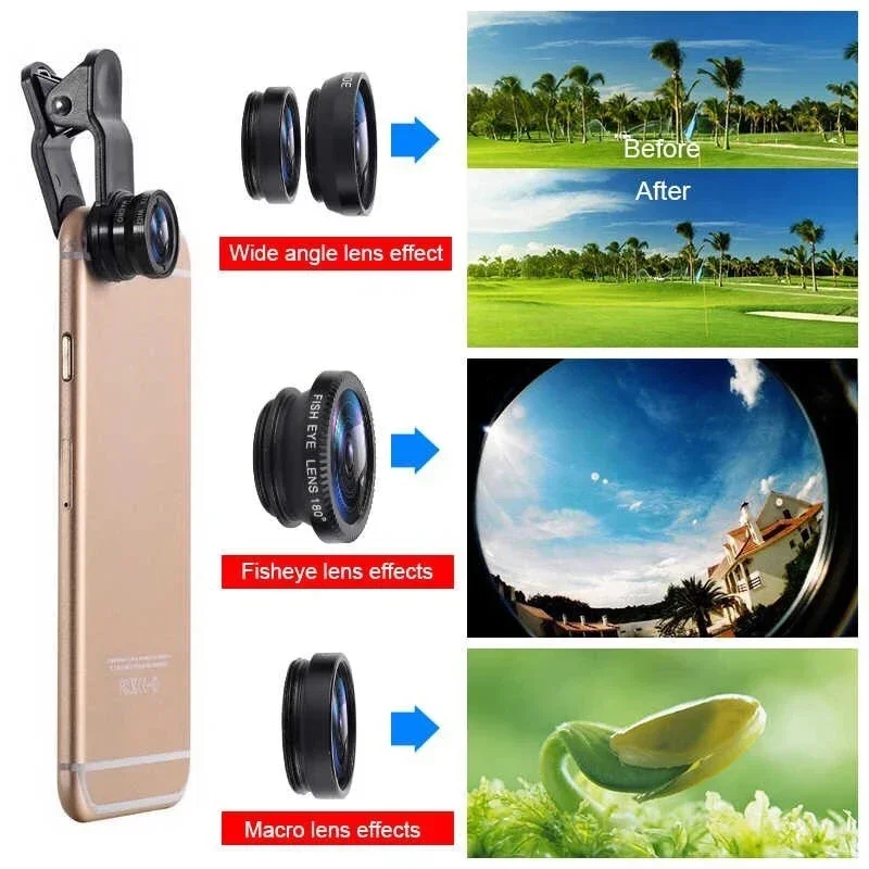 3in1 Fisheye Wide Angle Micro Camera Lens for iPhone Xiaomi Redmi 3in1 Zoom Fish Eye Len on Smartphone Lenses with Phone Clip thumbnail 3