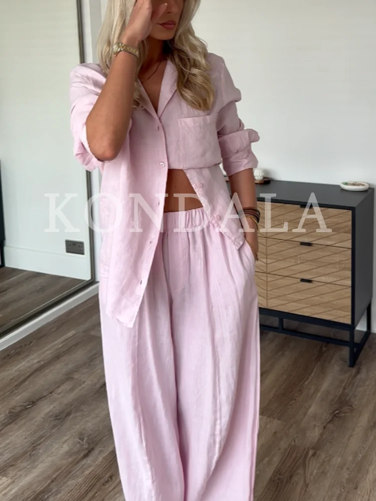 KONDALA Woman Leisure Pants Set Trendy Versatile Buttons Shirt, Elastic Waist Bucket Pants 2026 Spring Summer Holiday Street Set thumbnail 2