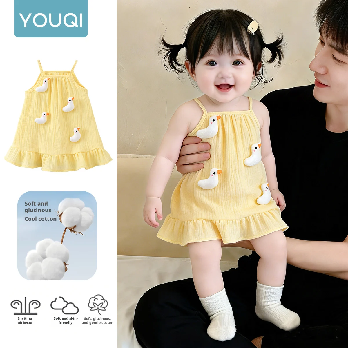 【Youqi】Chinese 0-2 Years Old Baby Girl Dress, Summer 100% Cotton Dress, Children's Princess Stylish Baby Dress, Strap Dress