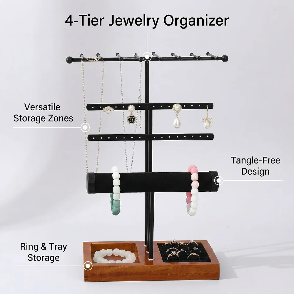 1 Pcs Fashion Jewelry Display Stand Metal Necklace Bracelet Anklet Stud Earring Jewelry Storage Rack Holder With Wooden Base thumbnail 2