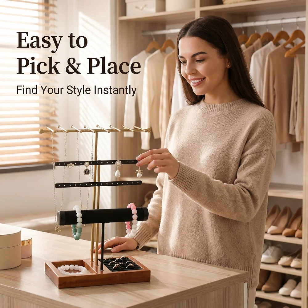 1 Pcs Fashion Jewelry Display Stand Metal Necklace Bracelet Anklet Stud Earring Jewelry Storage Rack Holder With Wooden Base thumbnail 6