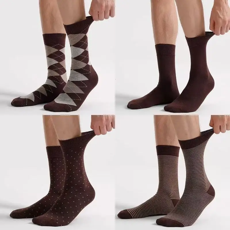 Men Argyle Crew Socks Brown Grey Plaid Cotton Dress Socks Casual Business Soft Breathable Size 6-10 thumbnail 2
