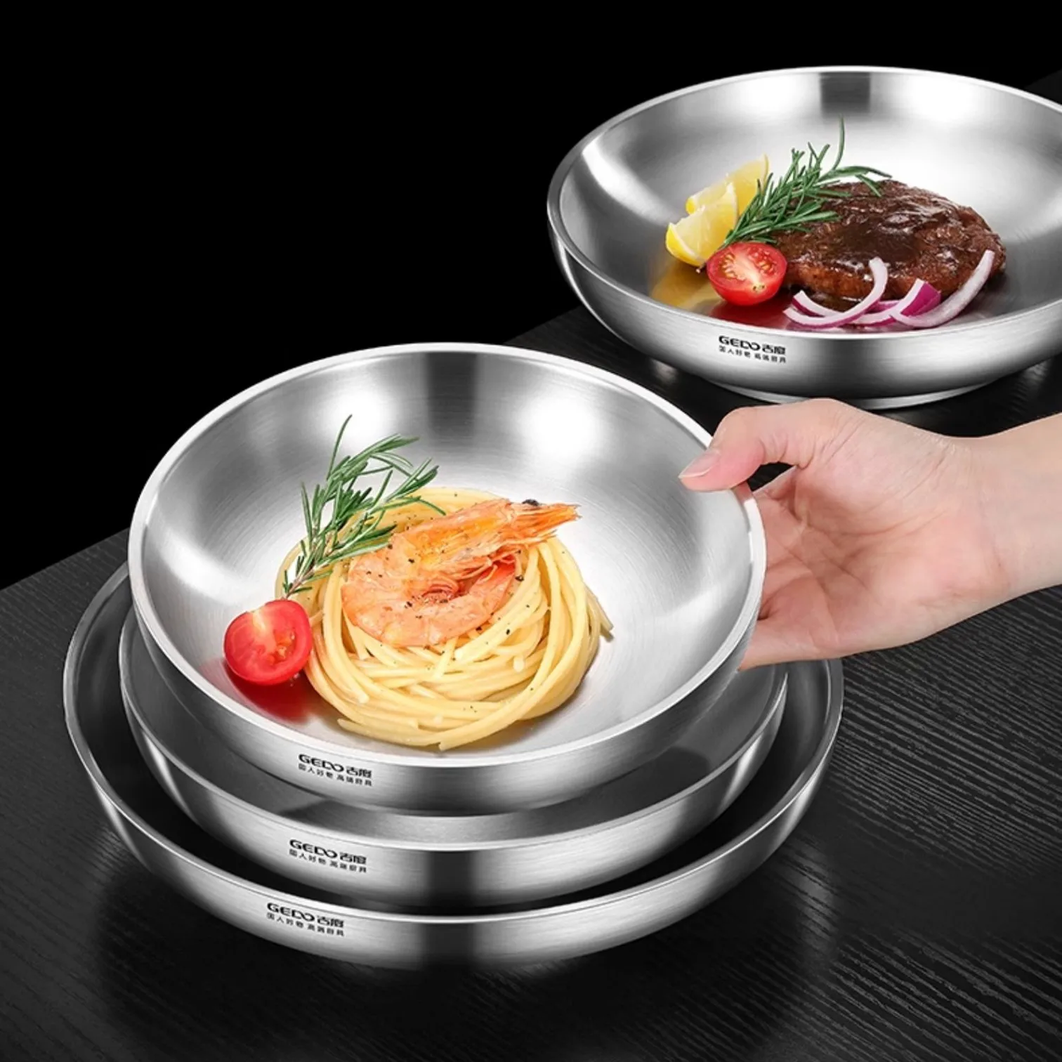 LFGB Certification Ultra Thick Pure 304 Stainless Steel Kitchen Dish Heat Insulation Banquet Plate Fall Resistant Baby Bowl