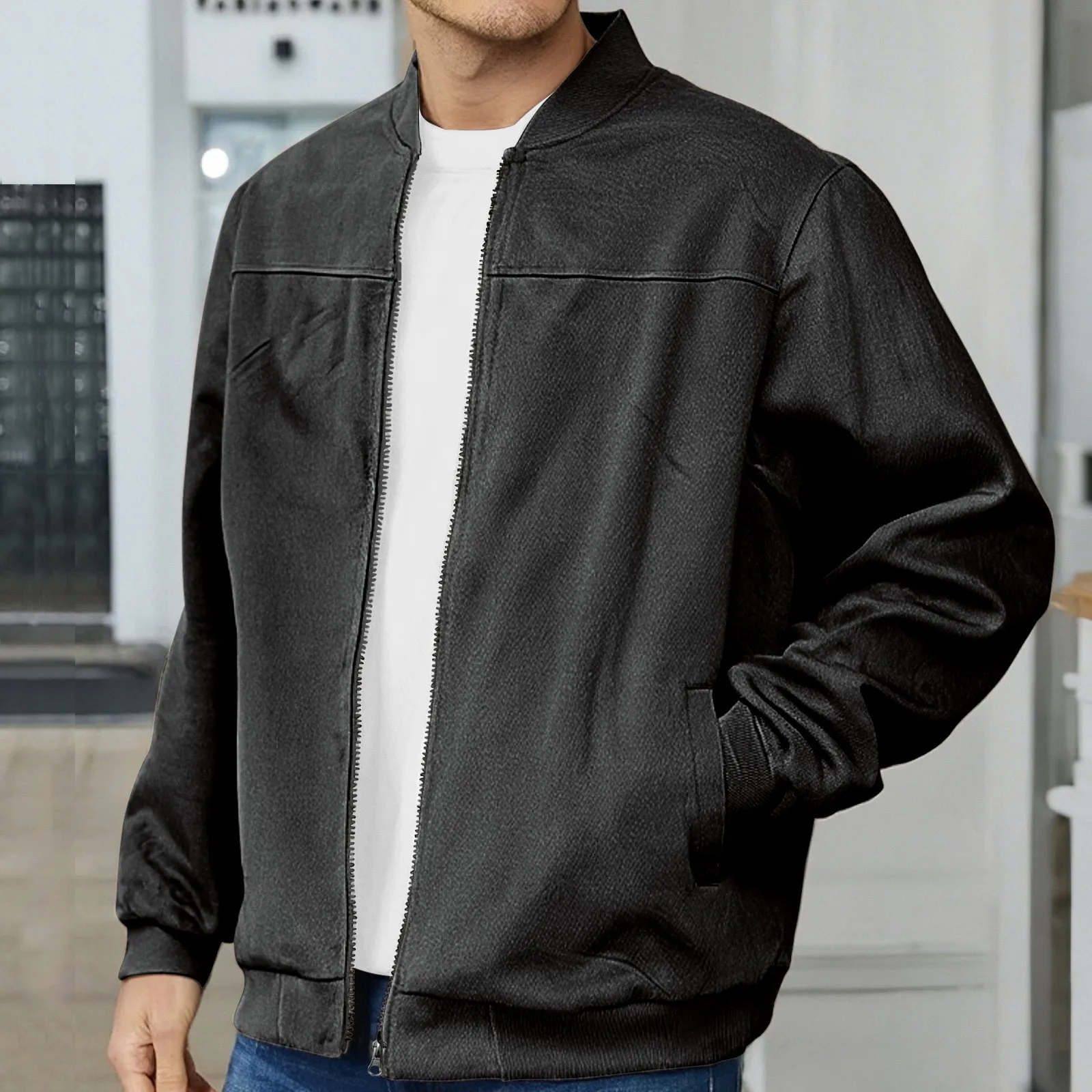 Men's Leather Fur Jacket - Casual Stand-Up Collar Style - Attractive yet not flashy Retro Coat - Fits well without being bulky thumbnail 5