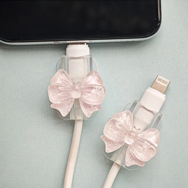 2Pcs Korean Bow INS Clear Cute Line Protectors Winder Charger Data Cable Protector Cover Charger Anti-break Cord Cover Wrap thumbnail 6