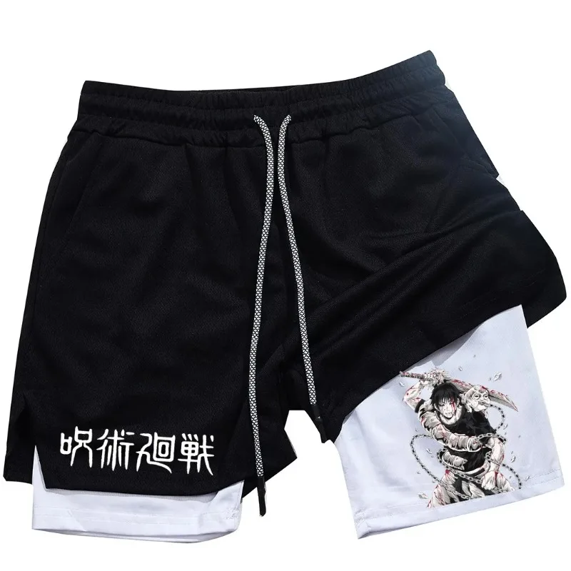 Anime Performance Shorts Men GYM Casual Fashion Sports Shorts Workout Running Mesh 2-In-1 Sport Short Double Deck Summer Pants thumbnail 2
