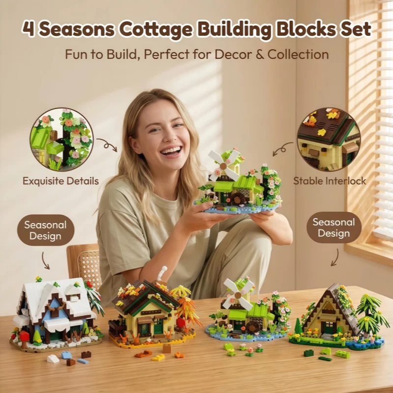 Four Seasons Cottage Building Block Set, Retro Mini House Model Kit with Windmill, Collectible DIY Assembly Toy for Adults, Idea