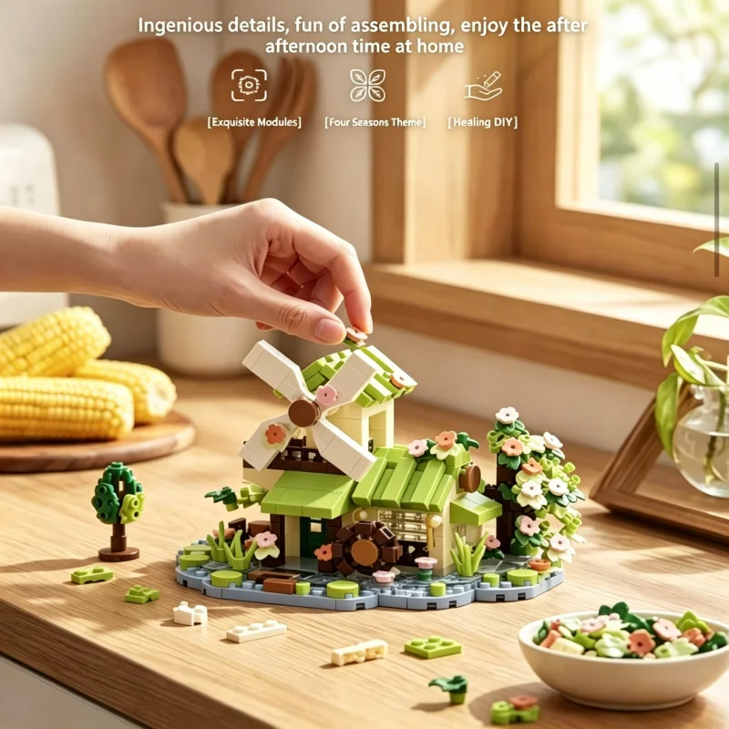 Four Seasons Cottage Building Block Set, Retro Mini House Model Kit with Windmill, Collectible DIY Assembly Toy for Adults, Idea thumbnail 6
