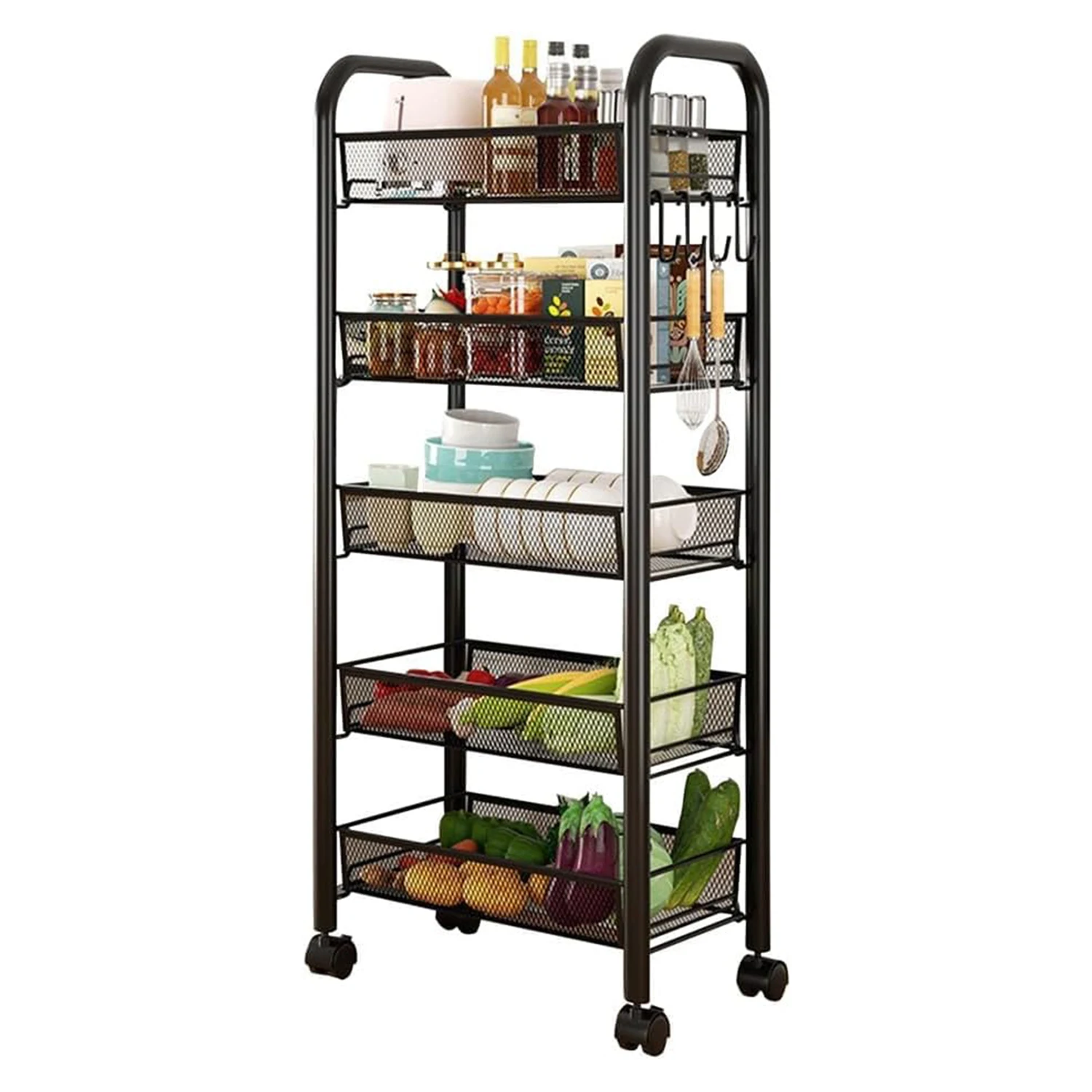 5-Tier Metal Rolling Utility Cart, Movable Storage Trolley Organizer with Wheels & Handle, Slim Pantry Storage Cart for Kitchen
