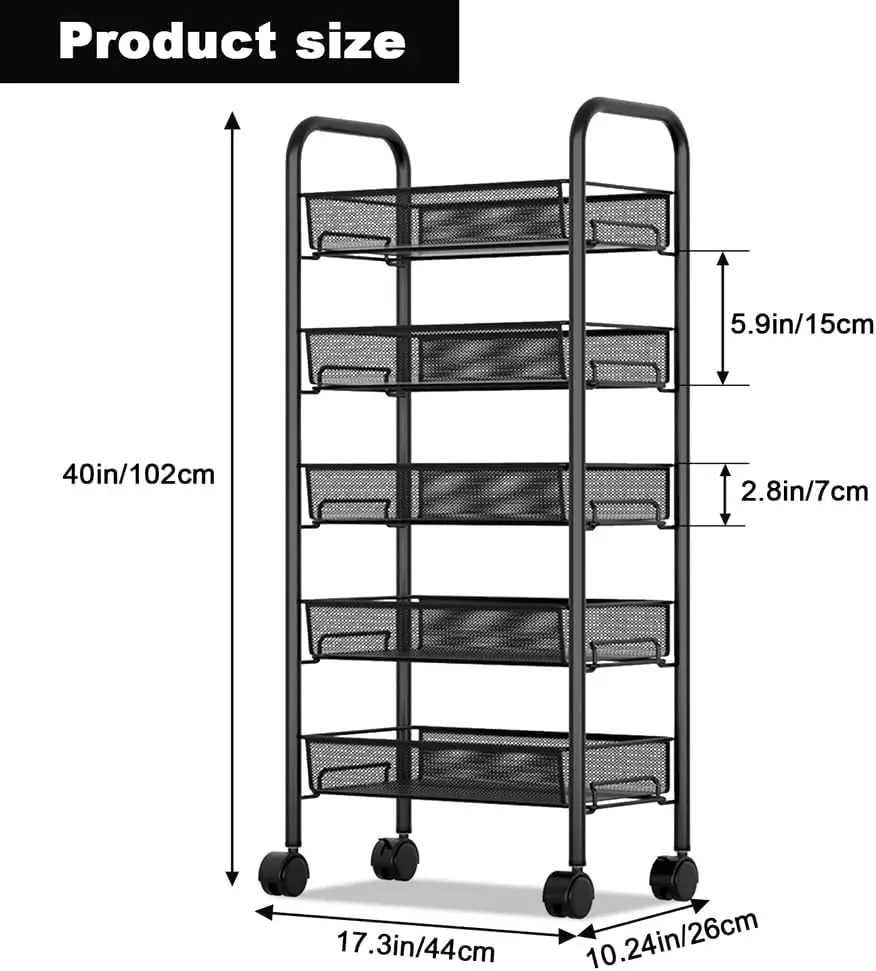 5-Tier Metal Rolling Utility Cart, Movable Storage Trolley Organizer with Wheels & Handle, Slim Pantry Storage Cart for Kitchen thumbnail 6