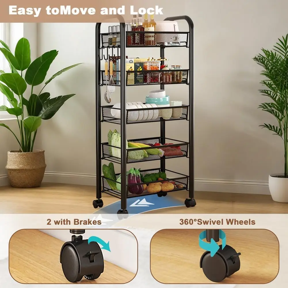 5-Tier Metal Rolling Utility Cart, Movable Storage Trolley Organizer with Wheels & Handle, Slim Pantry Storage Cart for Kitchen thumbnail 4
