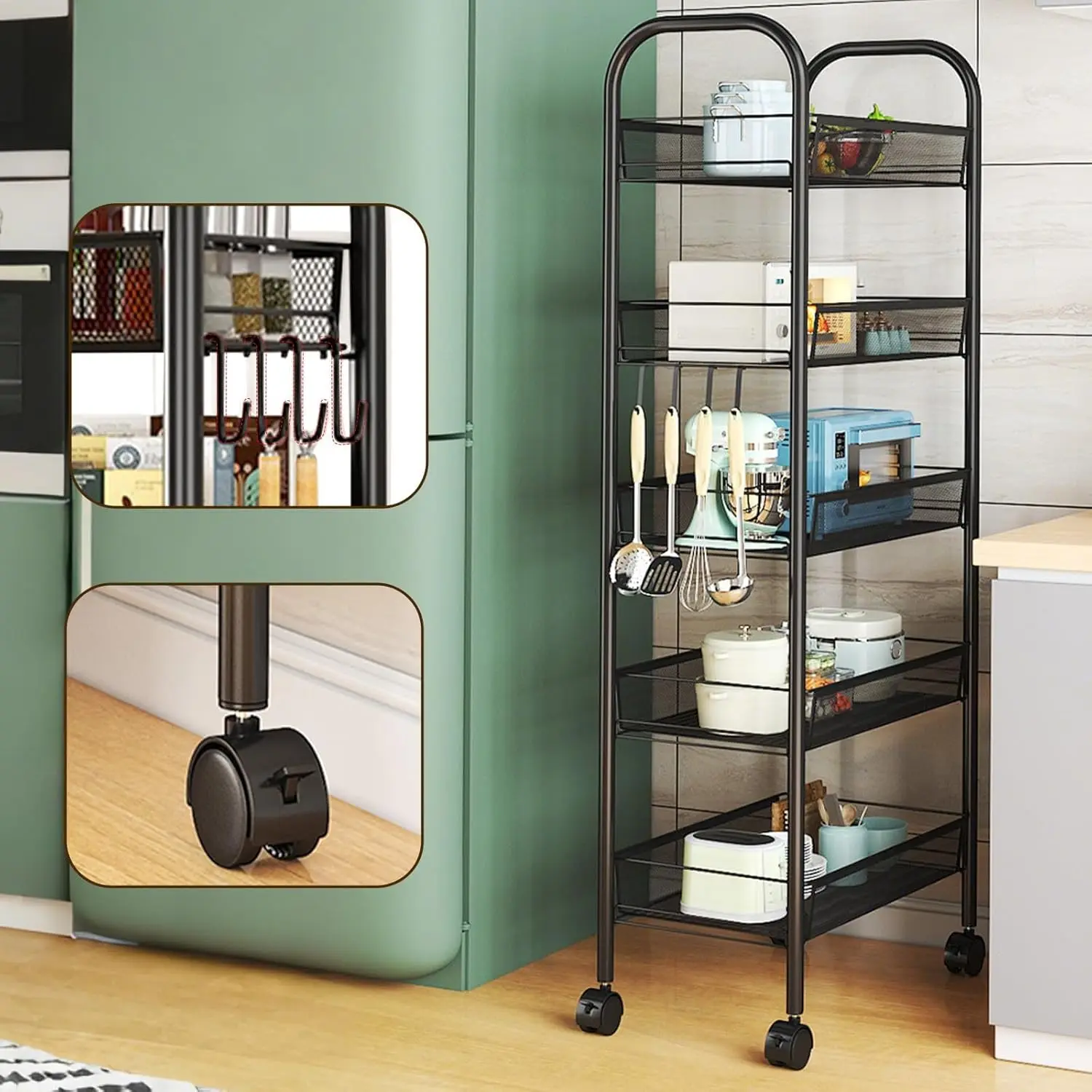 5-Tier Metal Rolling Utility Cart, Movable Storage Trolley Organizer with Wheels & Handle, Slim Pantry Storage Cart for Kitchen thumbnail 2