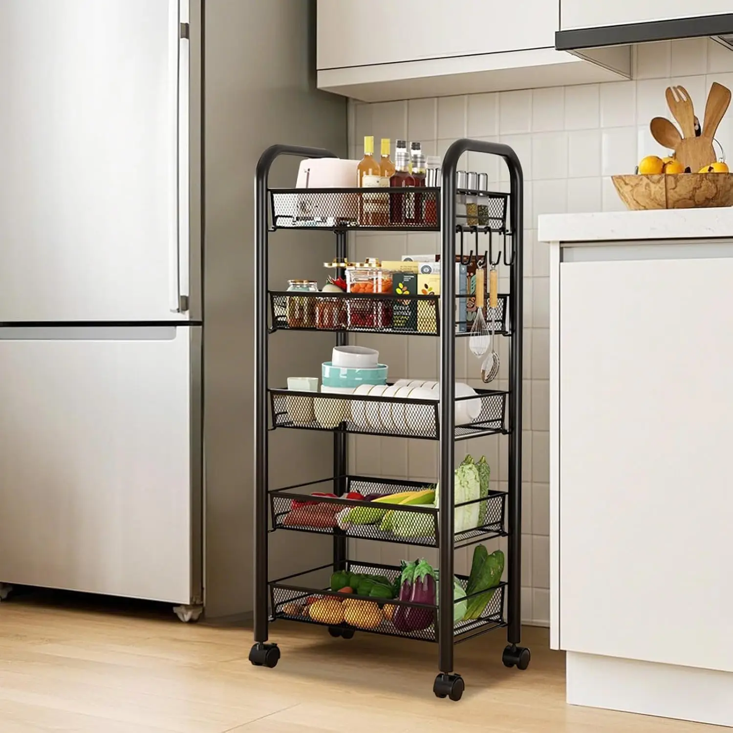 5-Tier Metal Rolling Utility Cart, Movable Storage Trolley Organizer with Wheels & Handle, Slim Pantry Storage Cart for Kitchen thumbnail 5