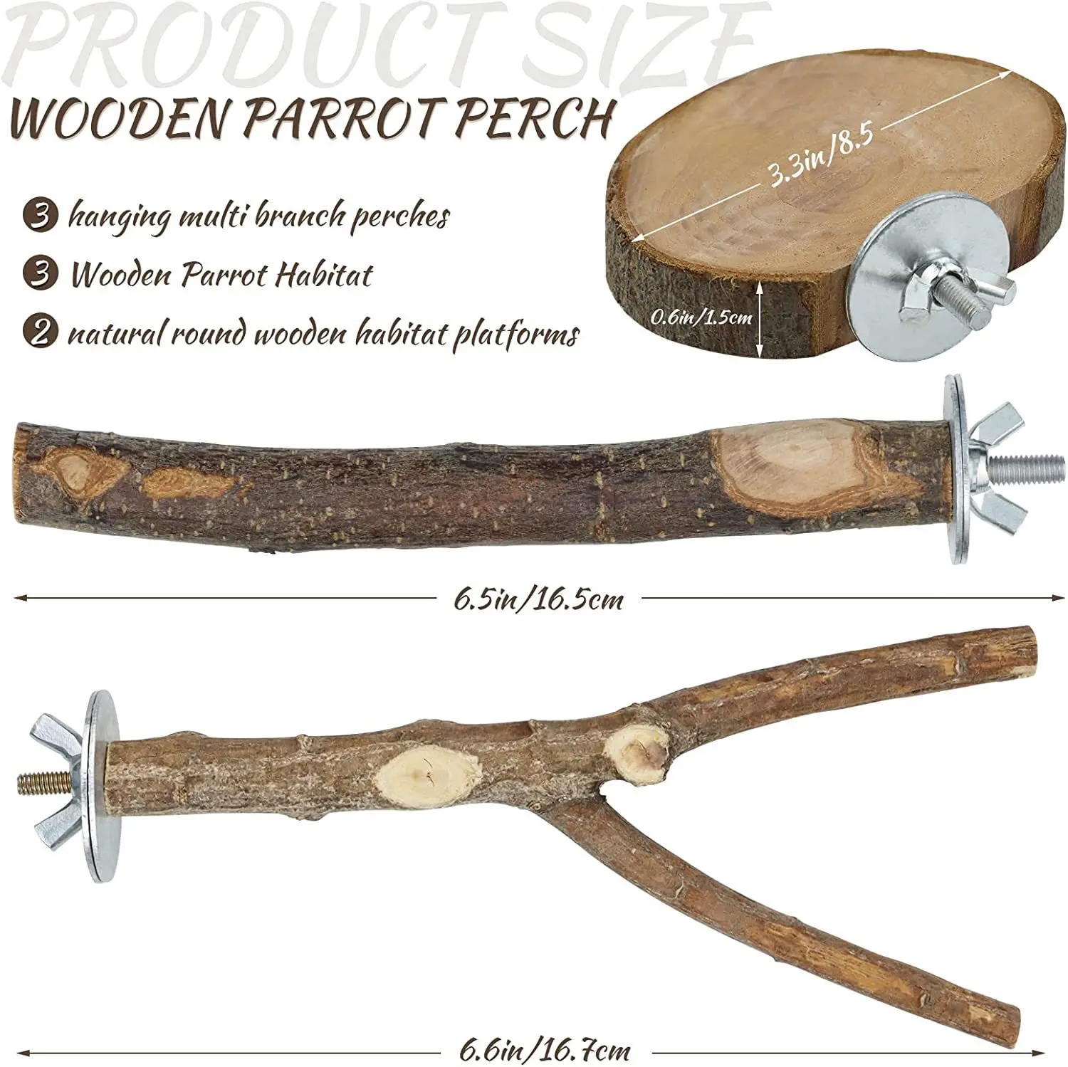 Natural Wood Parrot Perch Set, Bird Cage Stand Branch Platform for Budgie, Cockatiel, Pet Supplies thumbnail 2