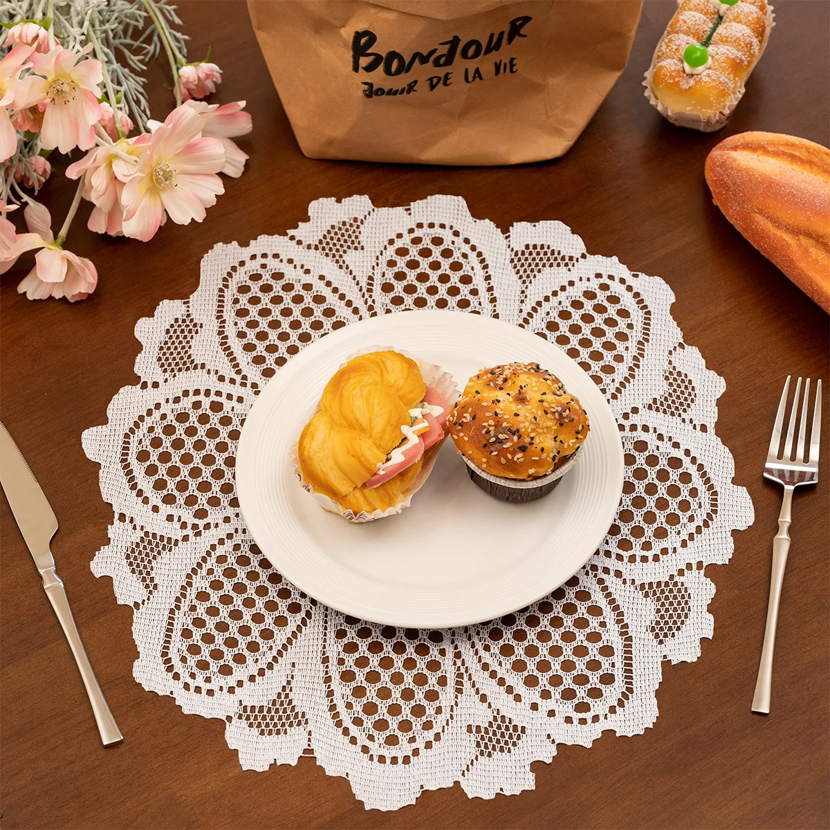 Knitted lace daisy round placemat & napkin, elegant hotel & home use, decorative coffee table tablecloth