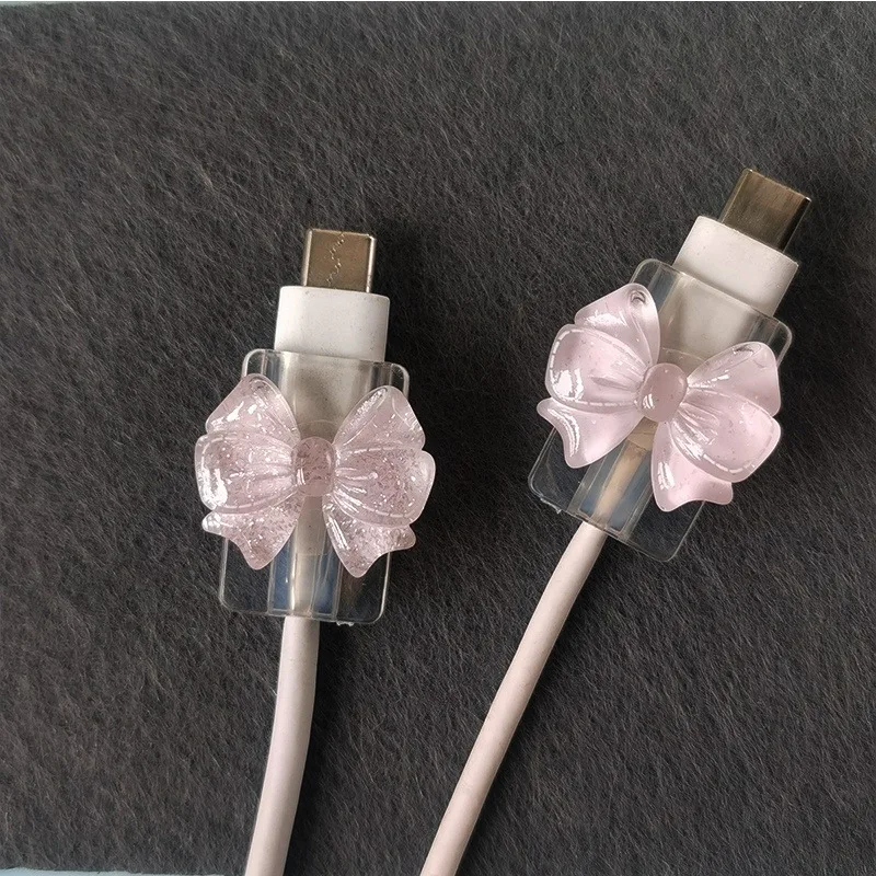 2Pcs Korean Bow INS Clear Charger Data Cable Protector Cover Charger Cute Line Protectors Winder Anti-break Cord Cover Wrap thumbnail 3