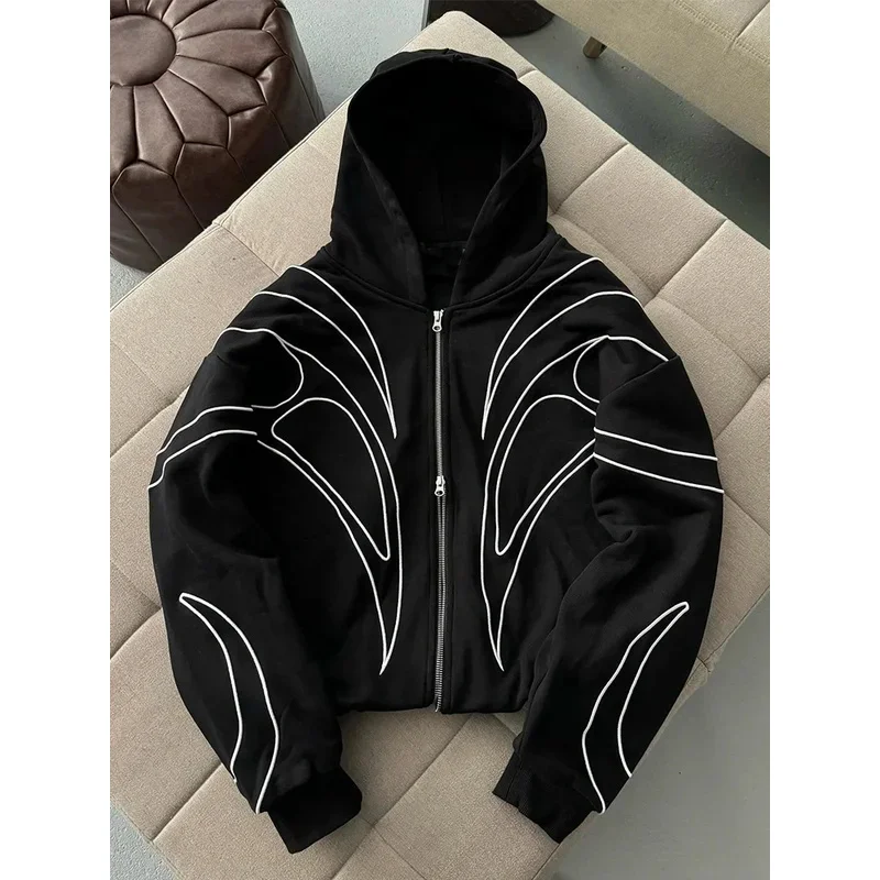 Street Retro Fashion Clothing Striped Embroidered Black Double Zipper Hoodie American Hip-hop Punk Oversized Sweatshirt women