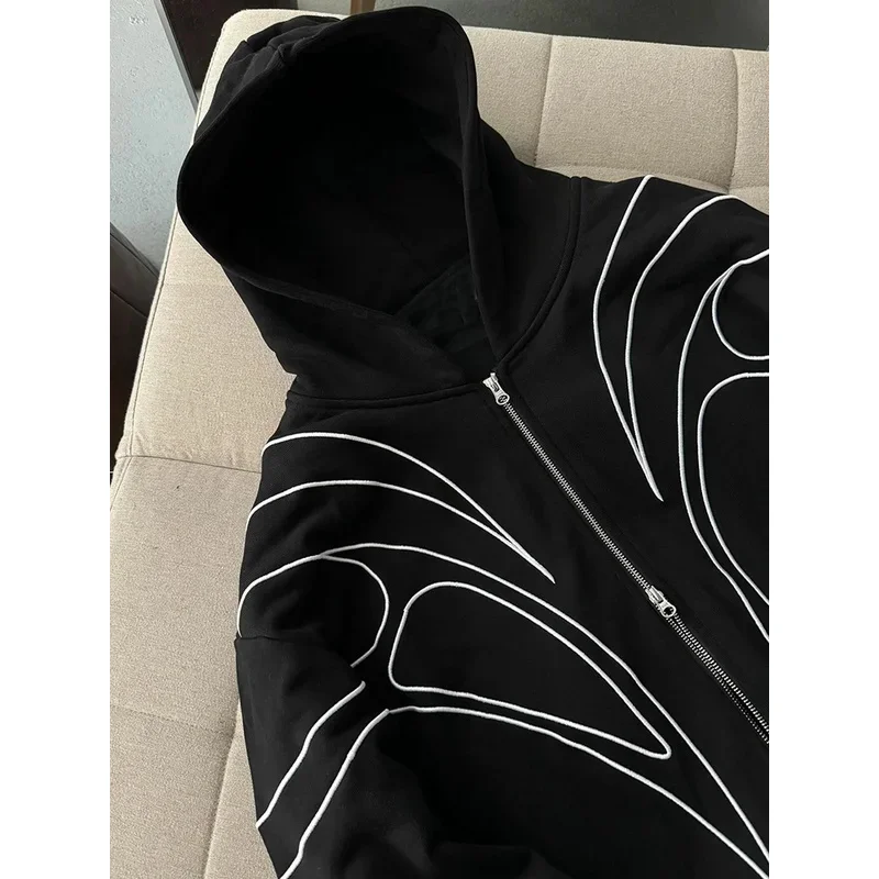 Street Retro Fashion Clothing Striped Embroidered Black Double Zipper Hoodie American Hip-hop Punk Oversized Sweatshirt women thumbnail 3