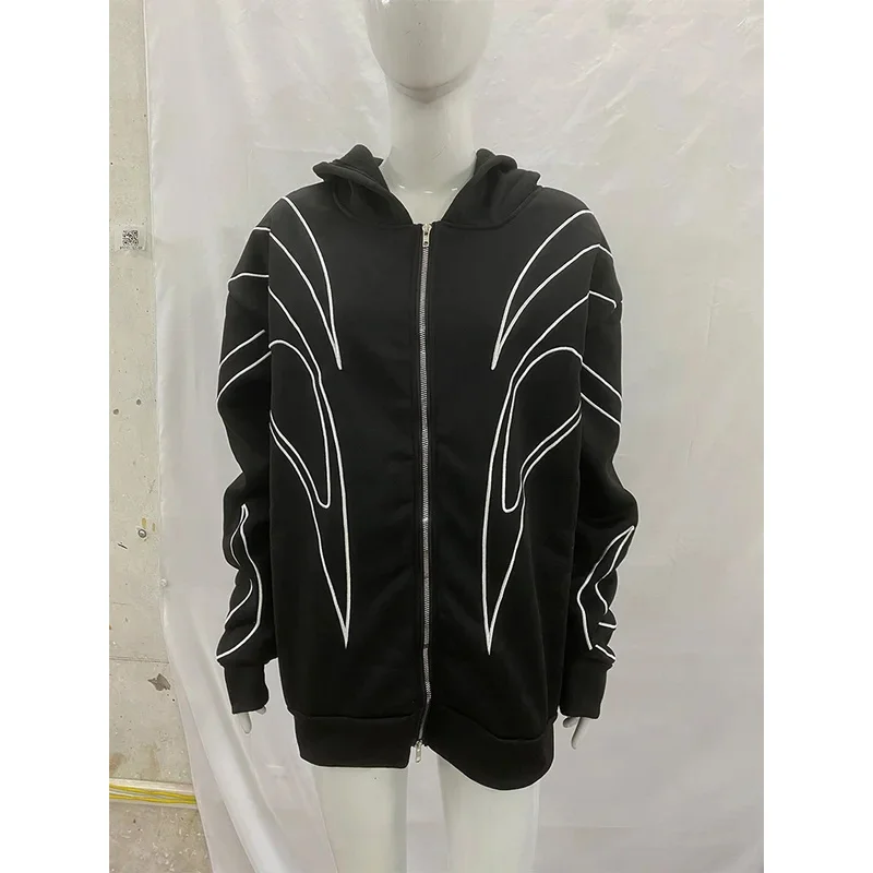 Street Retro Fashion Clothing Striped Embroidered Black Double Zipper Hoodie American Hip-hop Punk Oversized Sweatshirt women thumbnail 4