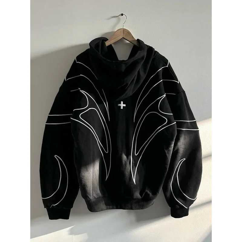 Street Retro Fashion Clothing Striped Embroidered Black Double Zipper Hoodie American Hip-hop Punk Oversized Sweatshirt women thumbnail 2