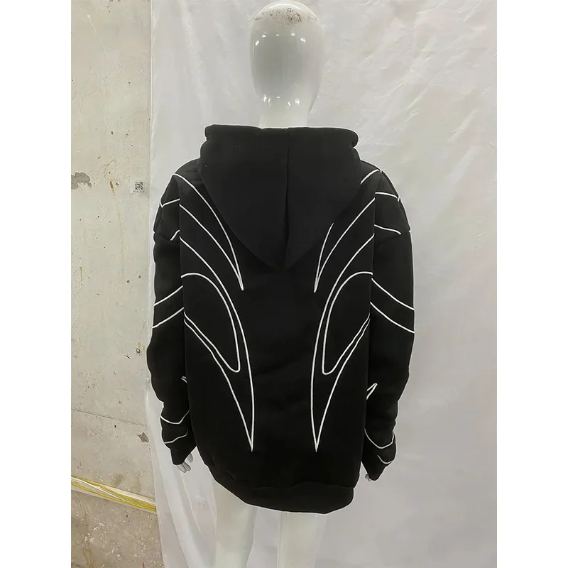 Street Retro Fashion Clothing Striped Embroidered Black Double Zipper Hoodie American Hip-hop Punk Oversized Sweatshirt women thumbnail 6