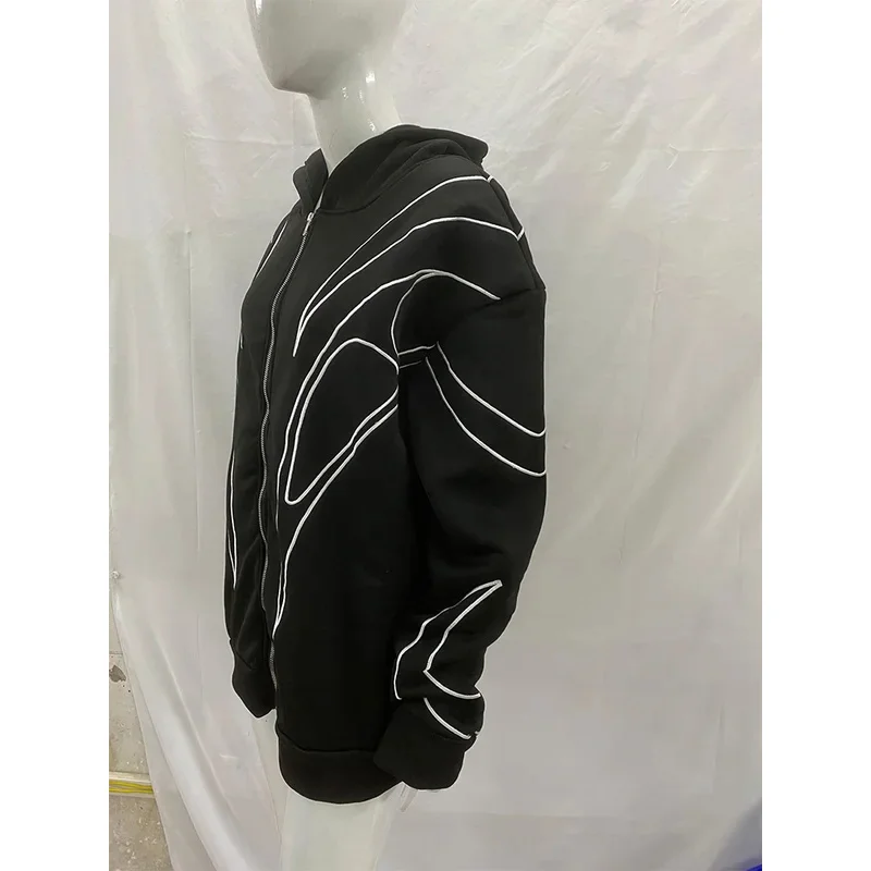 Street Retro Fashion Clothing Striped Embroidered Black Double Zipper Hoodie American Hip-hop Punk Oversized Sweatshirt women thumbnail 5