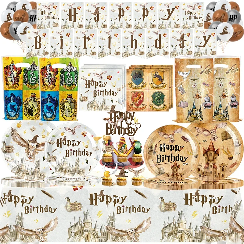 Magic School Birthday Party Decoration Disposable Tableware Paper Plate Cup Gift Bag Balloon Backgound Kid Party Halloween Favor
