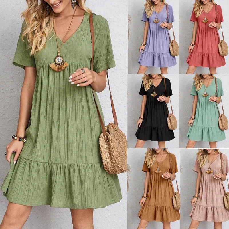 2026 Loose V-neck Short Sleeved Pleated Women Dress Solid Color A-line Beach Dresses Elegant Simple Comfortable Woman Clothing