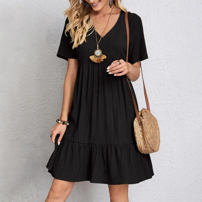 2026 Loose V-neck Short Sleeved Pleated Women Dress Solid Color A-line Beach Dresses Elegant Simple Comfortable Woman Clothing thumbnail 5