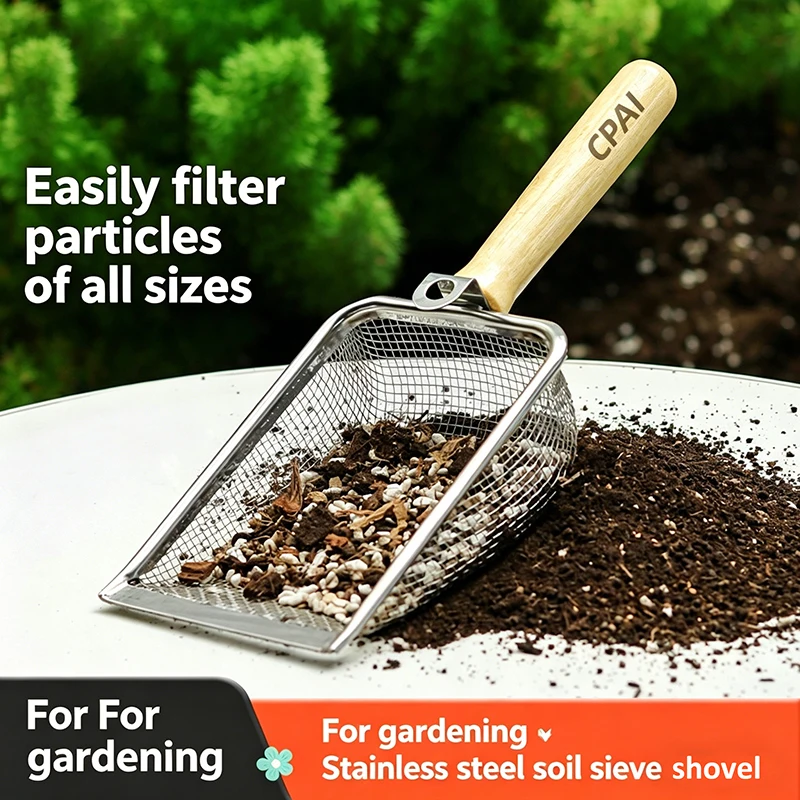 Stainless Steel Soil Sieve Shovel, Garden Sifter for Potting Mix, Hanging Gardening Tool for Sifting Soil Sand Gravel, Farm