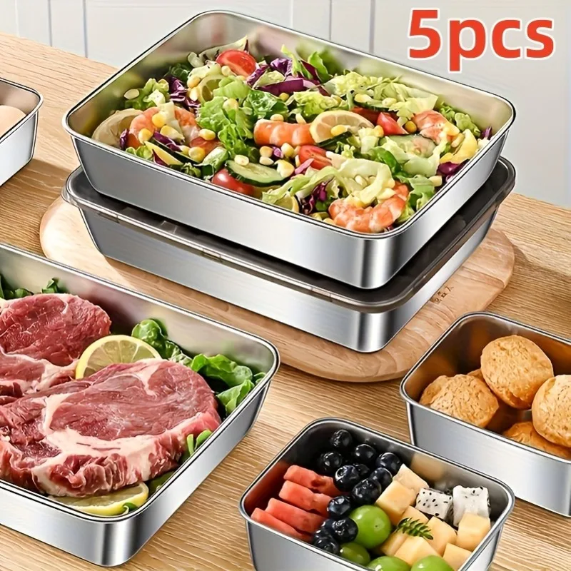 5Pcs Stainless Steel Food Containers, Leak-Proof Kitchens Accessories, Stores Knives, Stackable Kitchen Storage