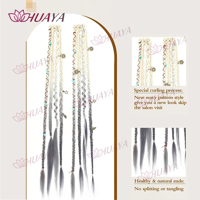 Hand-braided synthetic fiber water-drop BB clip-in hair extensions, 2 pieces per set, 20-inch bohemian beaded braids, versatile thumbnail 3