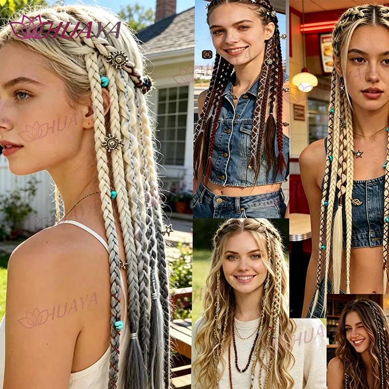 Hand-braided synthetic fiber water-drop BB clip-in hair extensions, 2 pieces per set, 20-inch bohemian beaded braids, versatile thumbnail 6