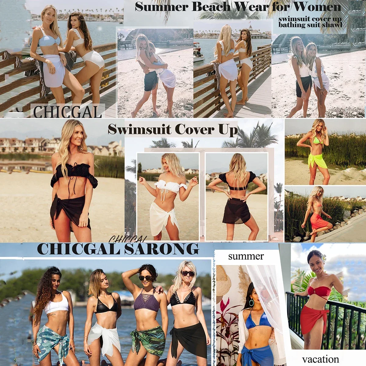 Women Summer Short Sarongs Swimsuit Coverups Beach Bikini Wrap Sheer Short Skirt Chiffon Scarf Cover Ups for Swimwear thumbnail 6