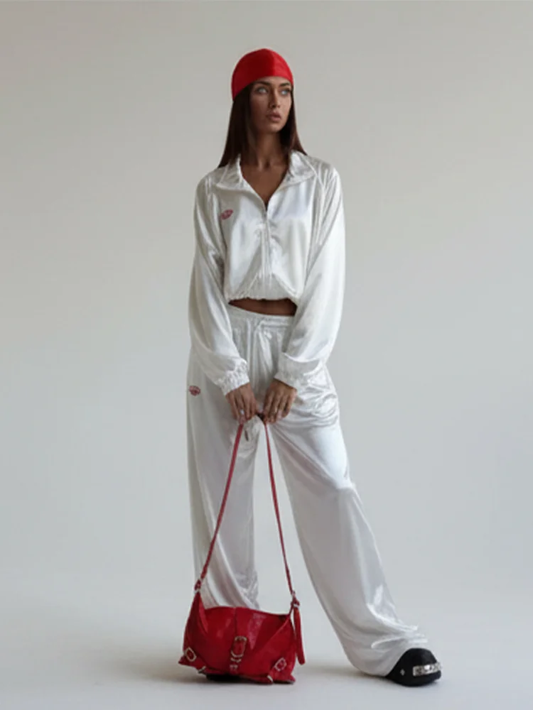 Women's Solid Shiny Zipper Jacket Set Casual Lapel Loose Cropped Jackets Wide-leg Pants Sets 2026 Lady Daily Highstreet Outfits thumbnail 5