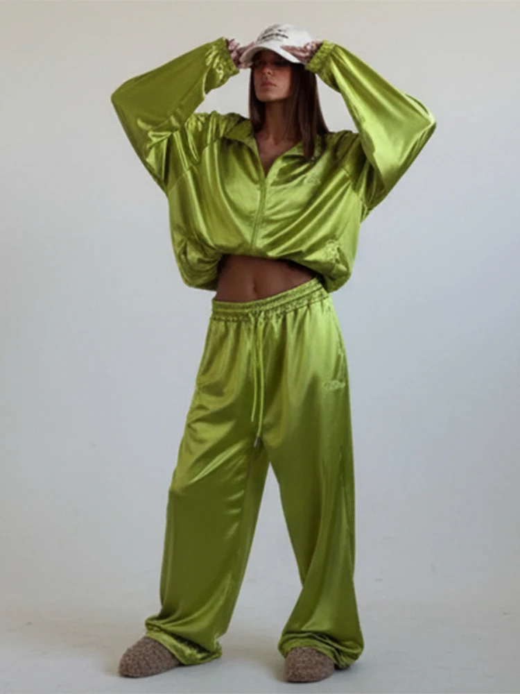 Women's Solid Shiny Zipper Jacket Set Casual Lapel Loose Cropped Jackets Wide-leg Pants Sets 2026 Lady Daily Highstreet Outfits thumbnail 2