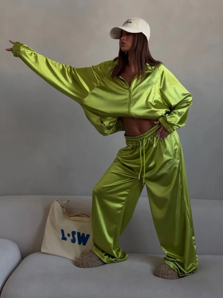 Women's Solid Shiny Zipper Jacket Set Casual Lapel Loose Cropped Jackets Wide-leg Pants Sets 2026 Lady Daily Highstreet Outfits thumbnail 3