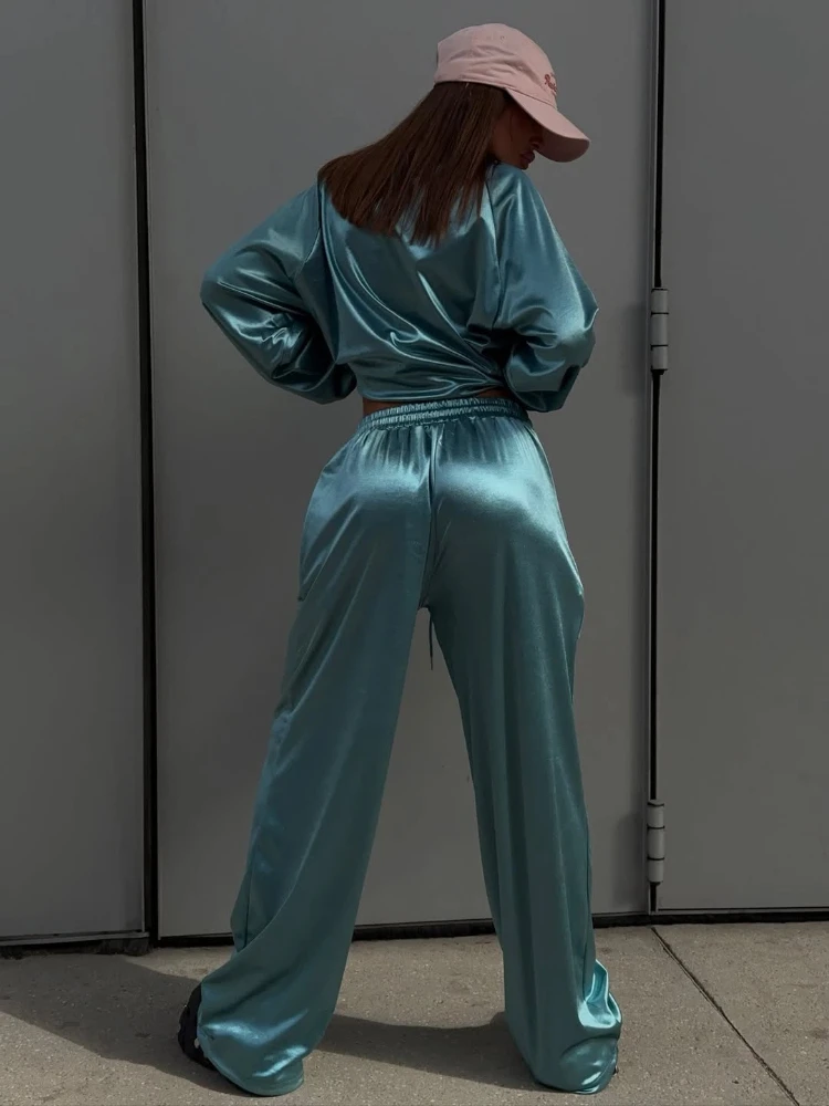 Women's Solid Shiny Zipper Jacket Set Casual Lapel Loose Cropped Jackets Wide-leg Pants Sets 2026 Lady Daily Highstreet Outfits
