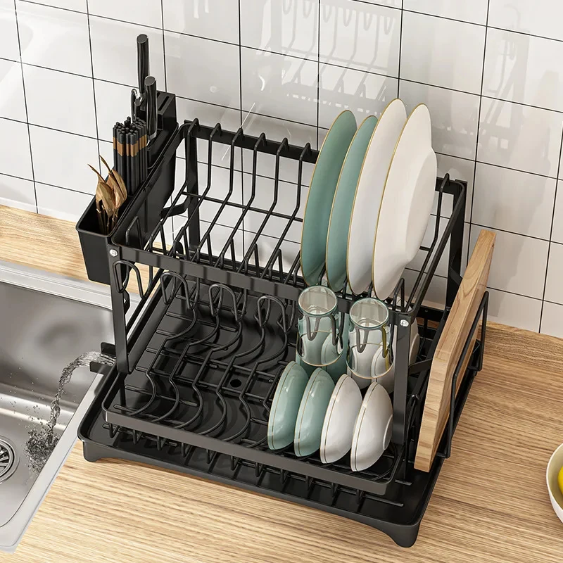 2-Tier Kitchen Countertop Dish Drying Rack, Multifunctional Bowl Drainer with Storage Slots for Chopsticks, Knives, Forks and Cu thumbnail 3