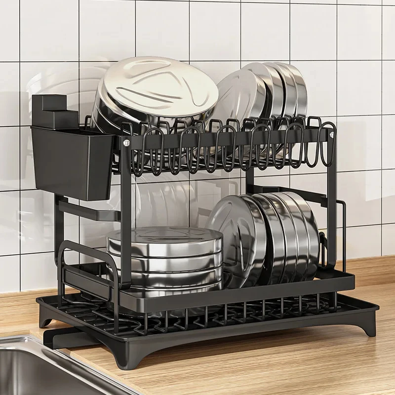 2-Tier Kitchen Countertop Dish Drying Rack, Multifunctional Bowl Drainer with Storage Slots for Chopsticks, Knives, Forks and Cu thumbnail 4