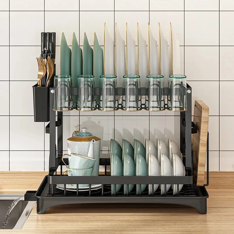 2-Tier Kitchen Countertop Dish Drying Rack, Multifunctional Bowl Drainer with Storage Slots for Chopsticks, Knives, Forks and Cu thumbnail 2