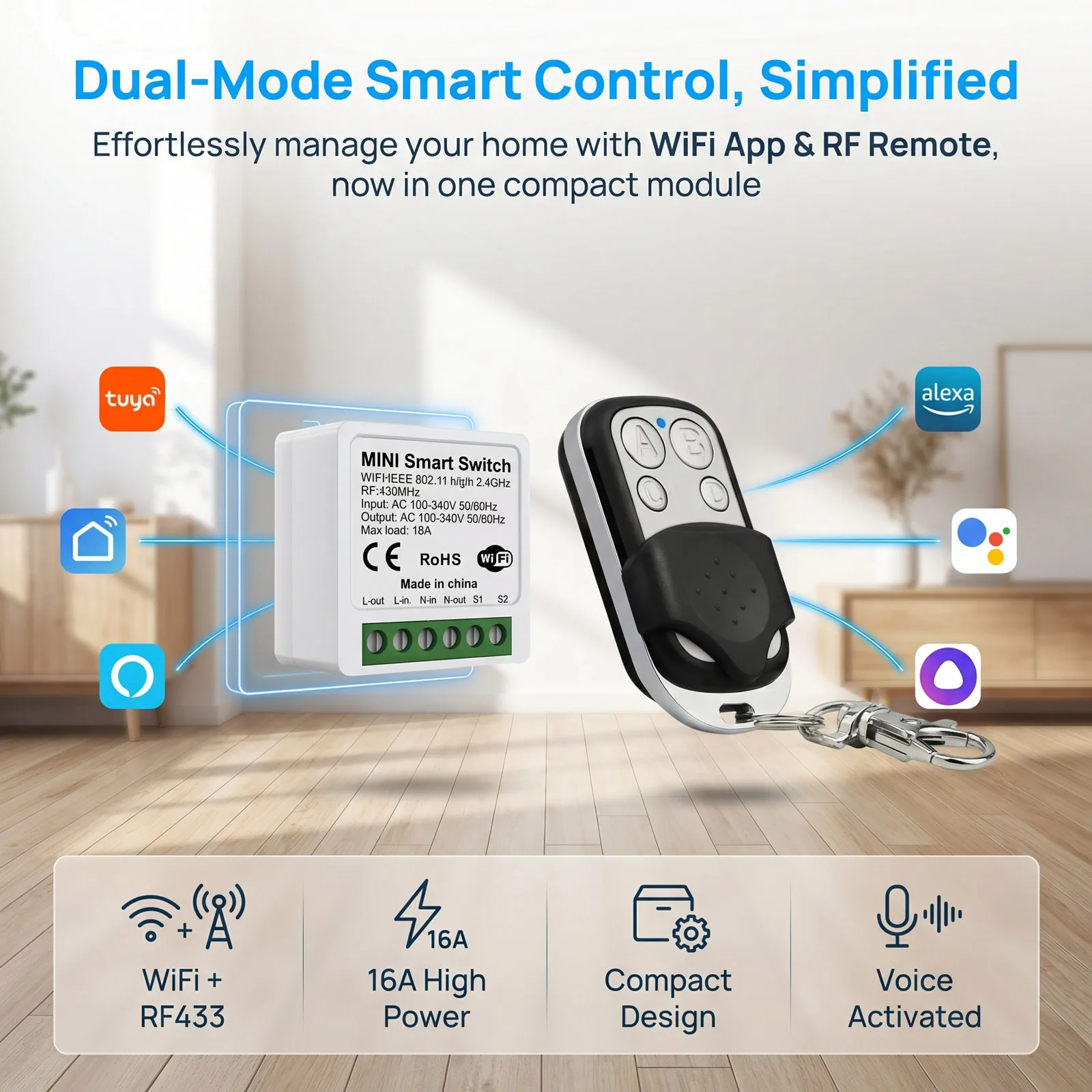 Mini WiFi Smart Switch with RF433 Remote, 16A Voice Control Alexa Google Home, Tuya APP, DIY Installation for Home Automation thumbnail 2