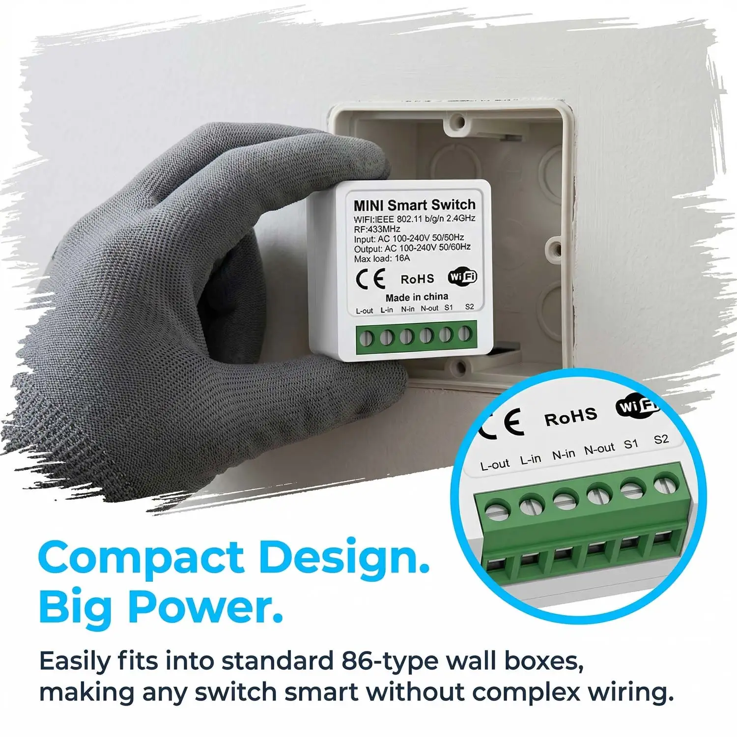 Mini WiFi Smart Switch with RF433 Remote, 16A Voice Control Alexa Google Home, Tuya APP, DIY Installation for Home Automation thumbnail 5