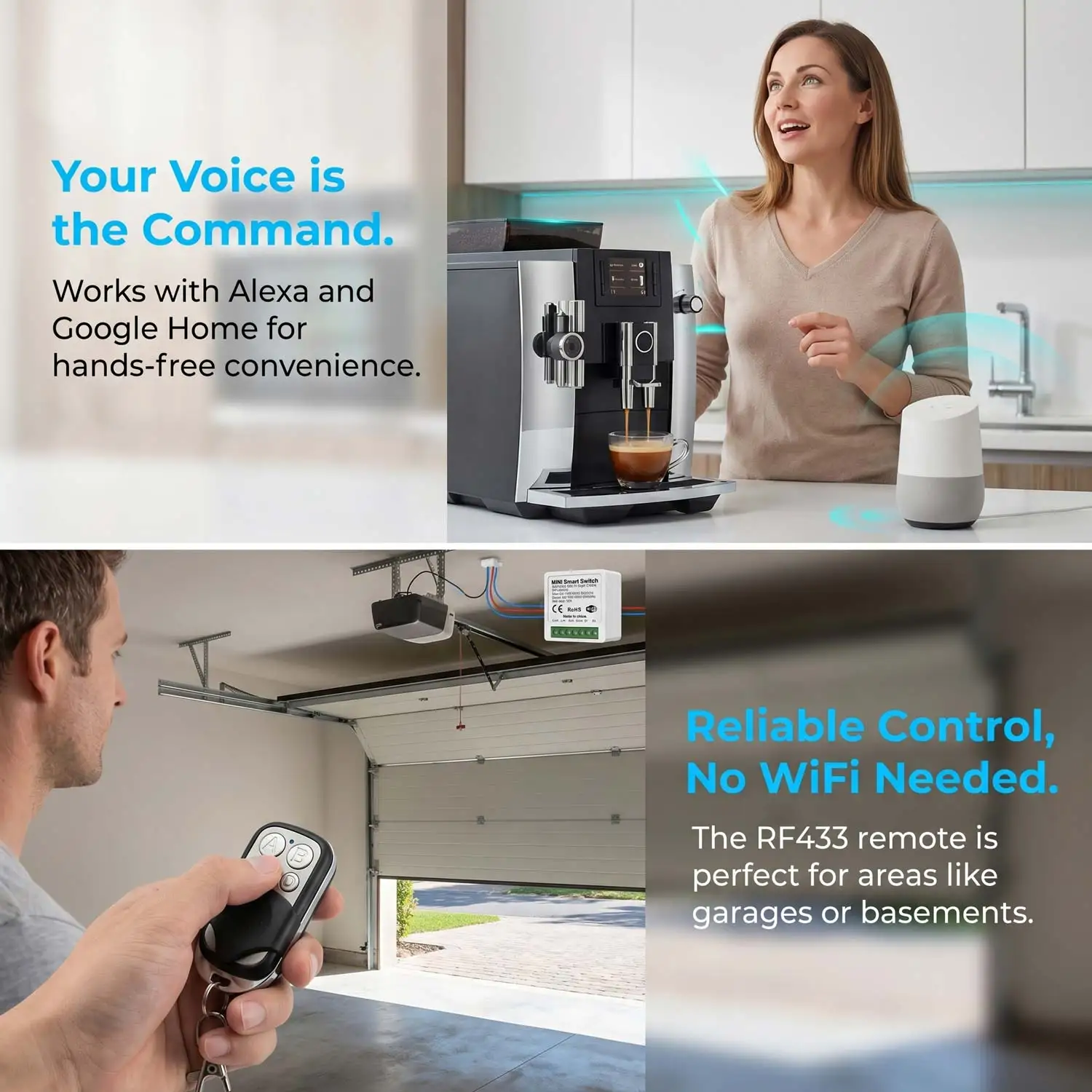 Mini WiFi Smart Switch with RF433 Remote, 16A Voice Control Alexa Google Home, Tuya APP, DIY Installation for Home Automation thumbnail 4