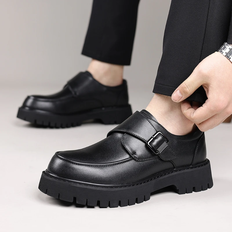 MenS Black Platform Monk Strap Loafers Slip On Chunky Sole Casual Dress Shoes Comfortable Fashion Big Size Footwear For Men thumbnail 2